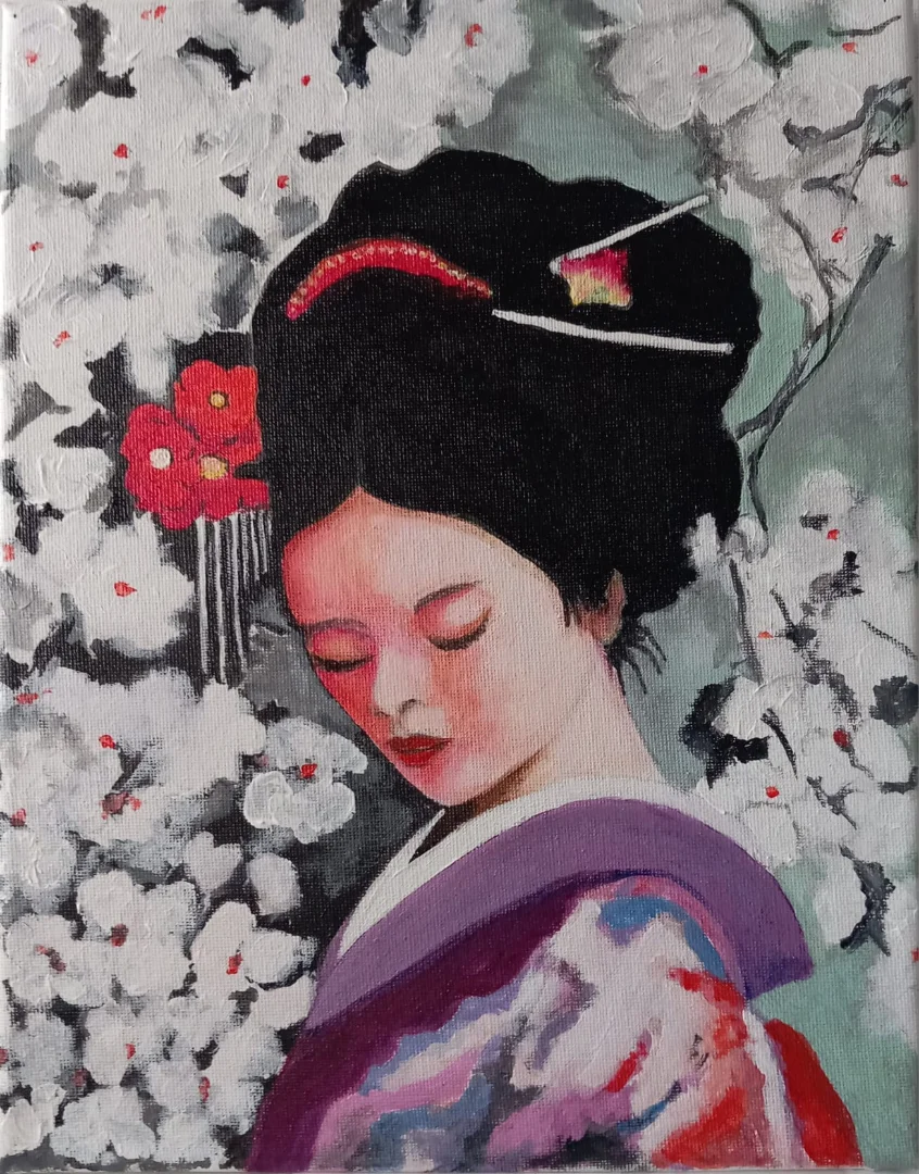  GEISHA TRA I FIORI DI CILIEGIO BIANCHI 