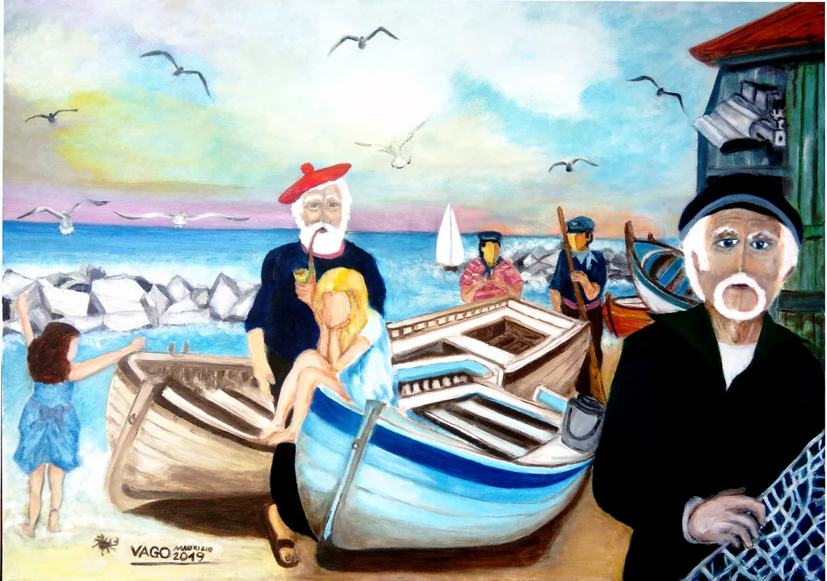  SULL' ARENA PESCATORI AL LAVORO E BIMBI CHE GIOCANO   (Collezione privata)