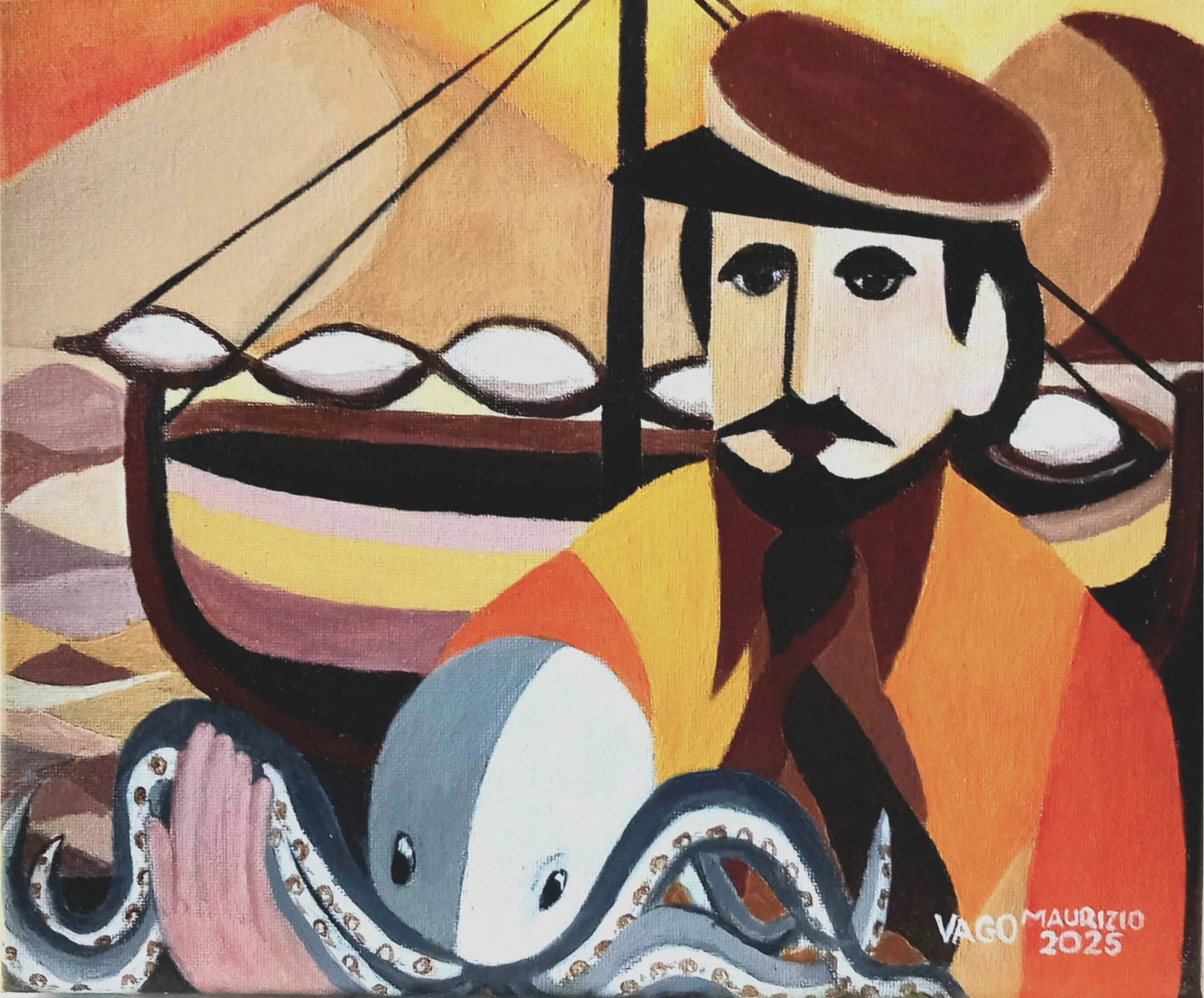 CAPO MARINAIO AL RIENTRO DALLA PESCA CON IL POLIPO