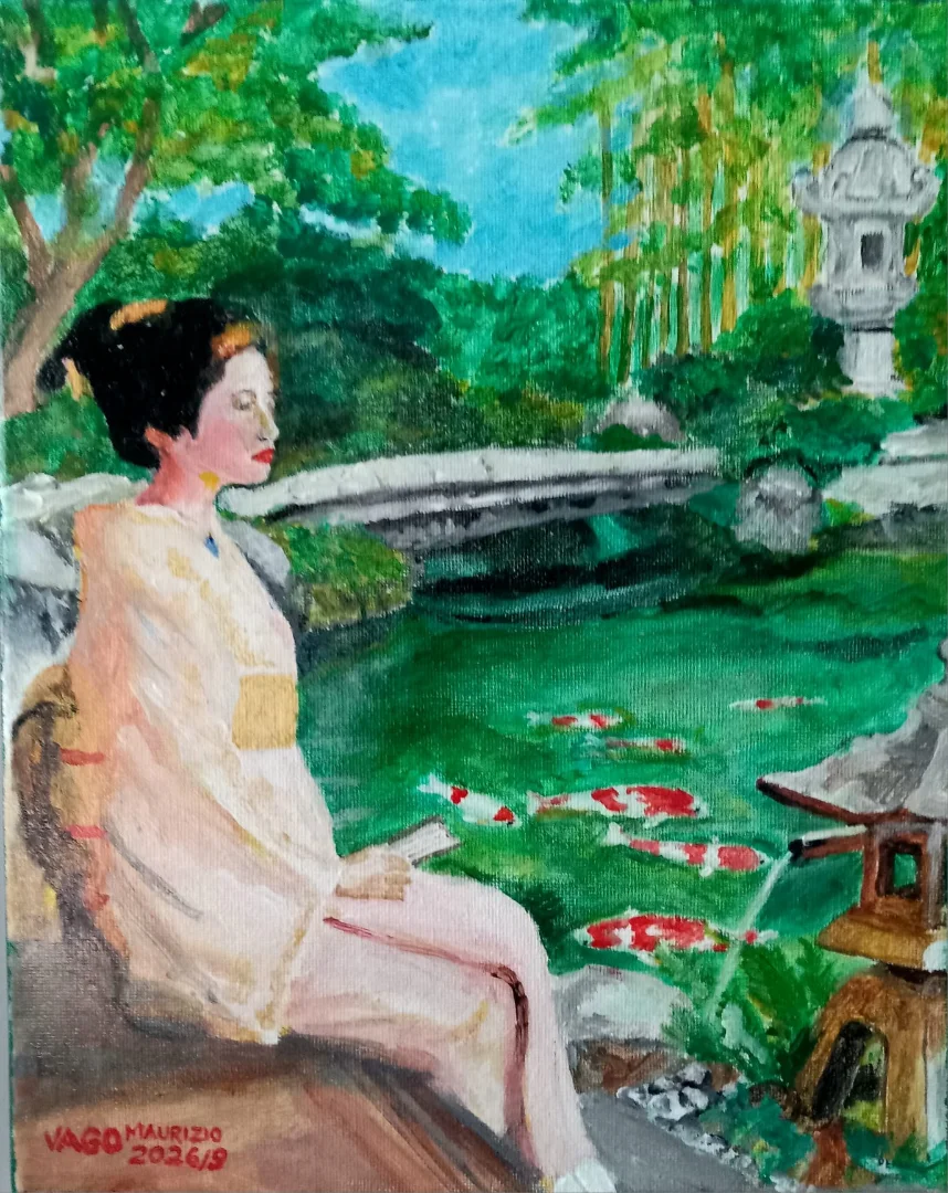GEISHA AMMIRA IL LAGHETTO CON LE CARPE BIANCHE E ROSSE